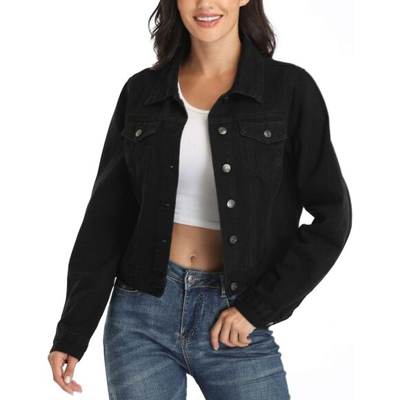 Women's Denim Jackets Crop Long Sleeve Button Down Crop Jean with Pockets Black